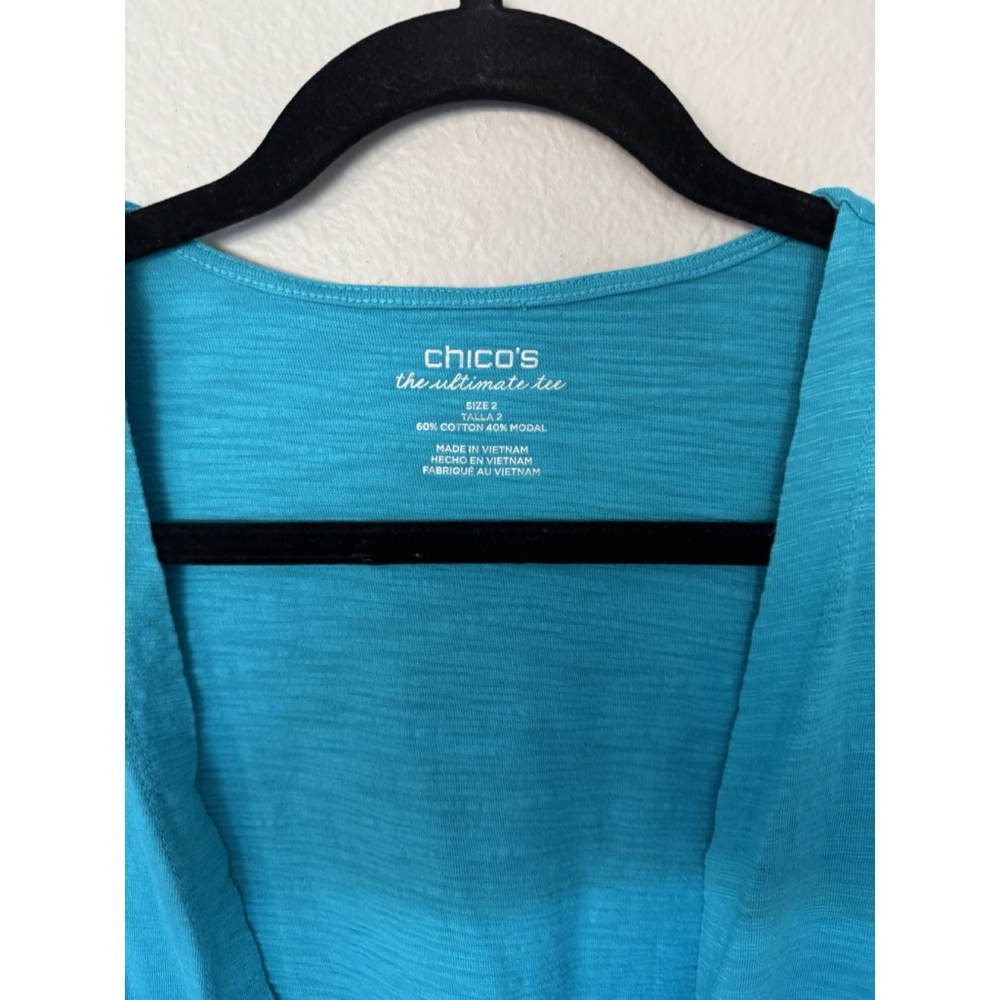 Chicos The Ultimate Tee Cardigan Womens Sz 2 Turquoise Long Sleeve Lightweight - Picture 2 of 7